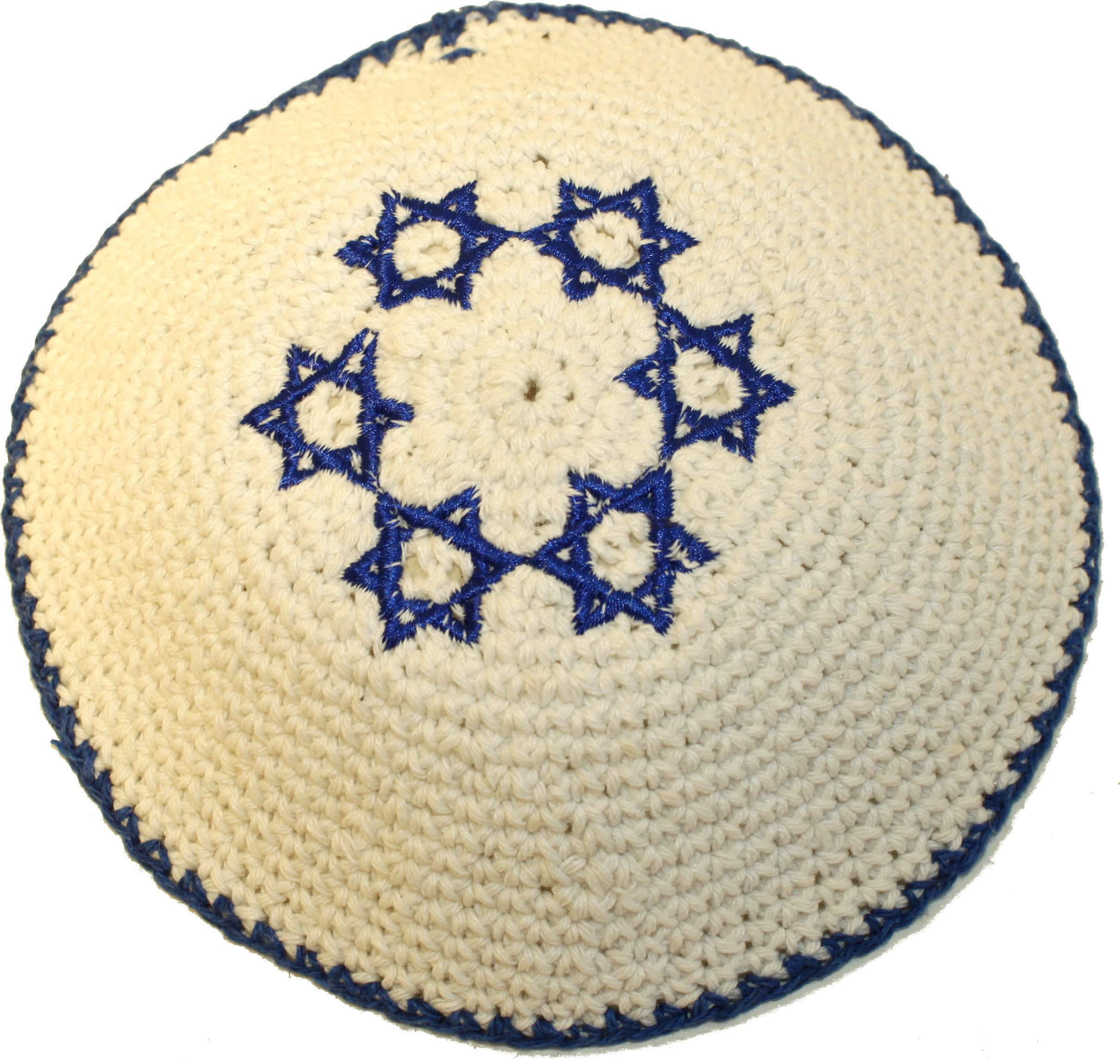 Holy Land Market White with 6 Blue Stars of David 17cm DMC 100% Knitted Cotton Kippah Jewish - 2019 Release M3、mySite、topwebapps