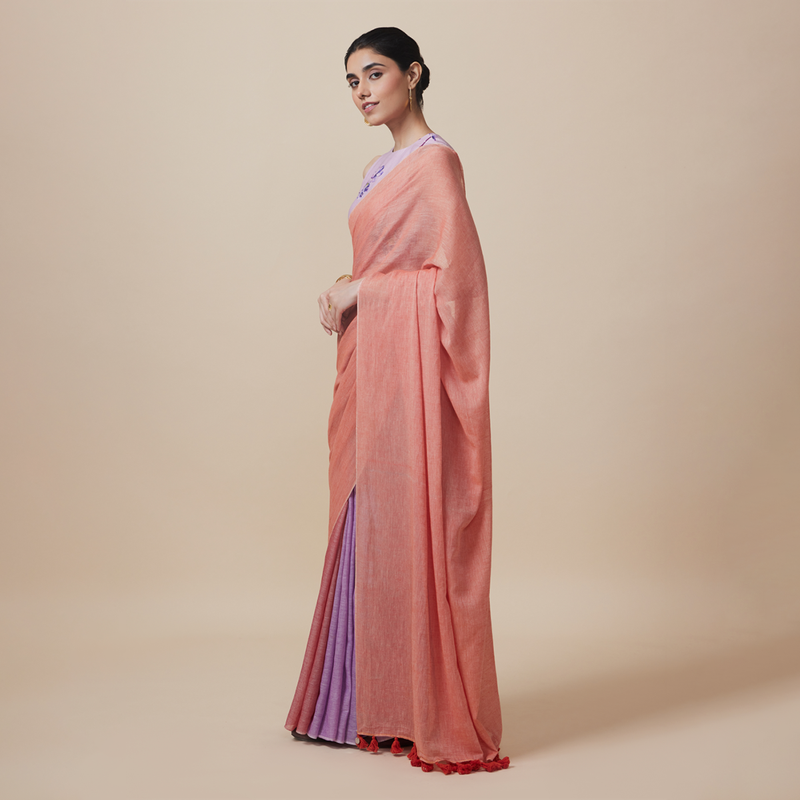 Cotton Printed Saree with Blouse | Orange & Purple、mySite、camillekostekn