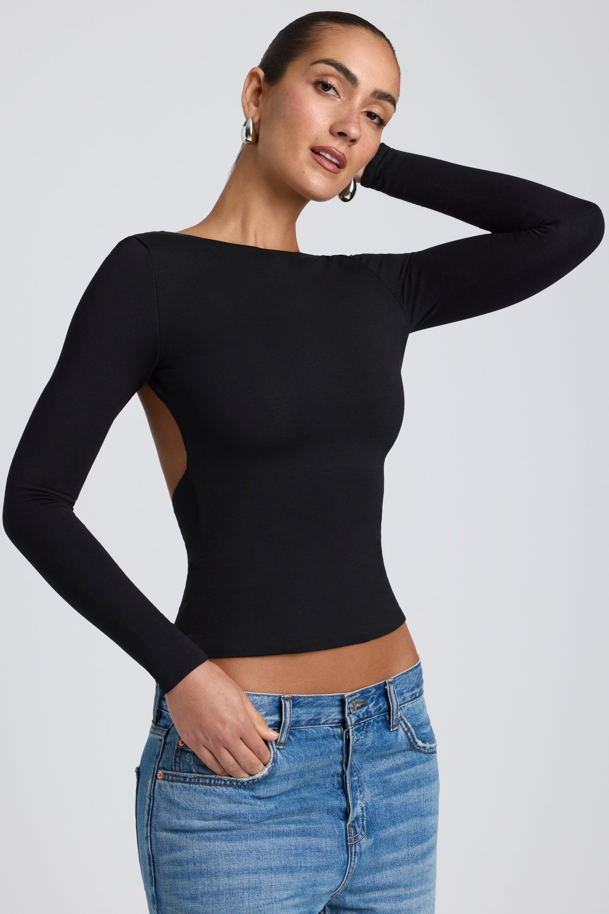 Modal High Neck Long Sleeve Open Back Top in Black、mySite、solidvoid
