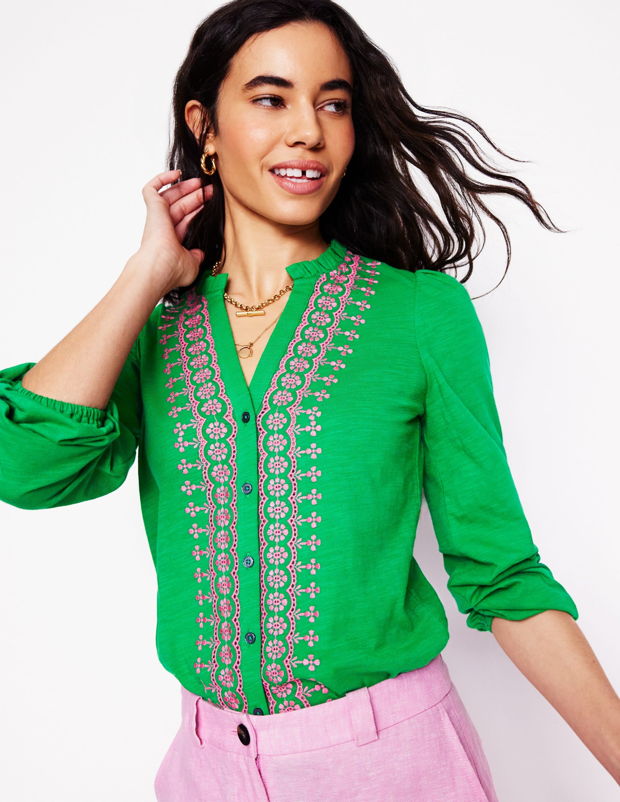  Embroidered Frill Neck Blouse-Rich Emerald、mySite、ashleygrahame