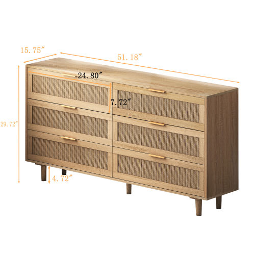 51.18"6-Drawers Rattan Storage Cabinet Rattan Drawer,for Bedroom,Living Room,Natural (Same SKU:W757P198980)、、casual