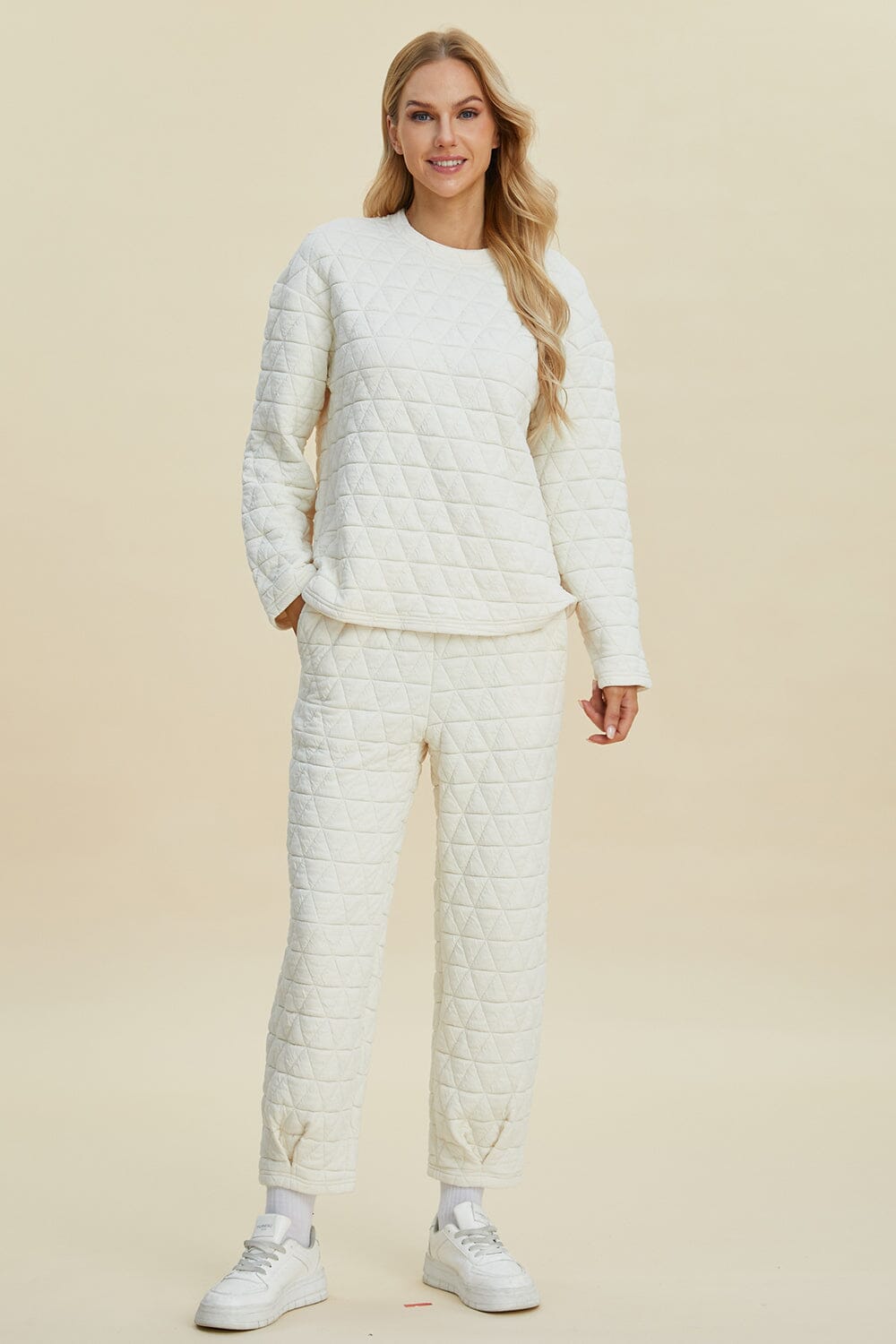 Double Take Full Size Texture Round Neck Long Sleeve Top and Pants Set、mySite、camillekostekn