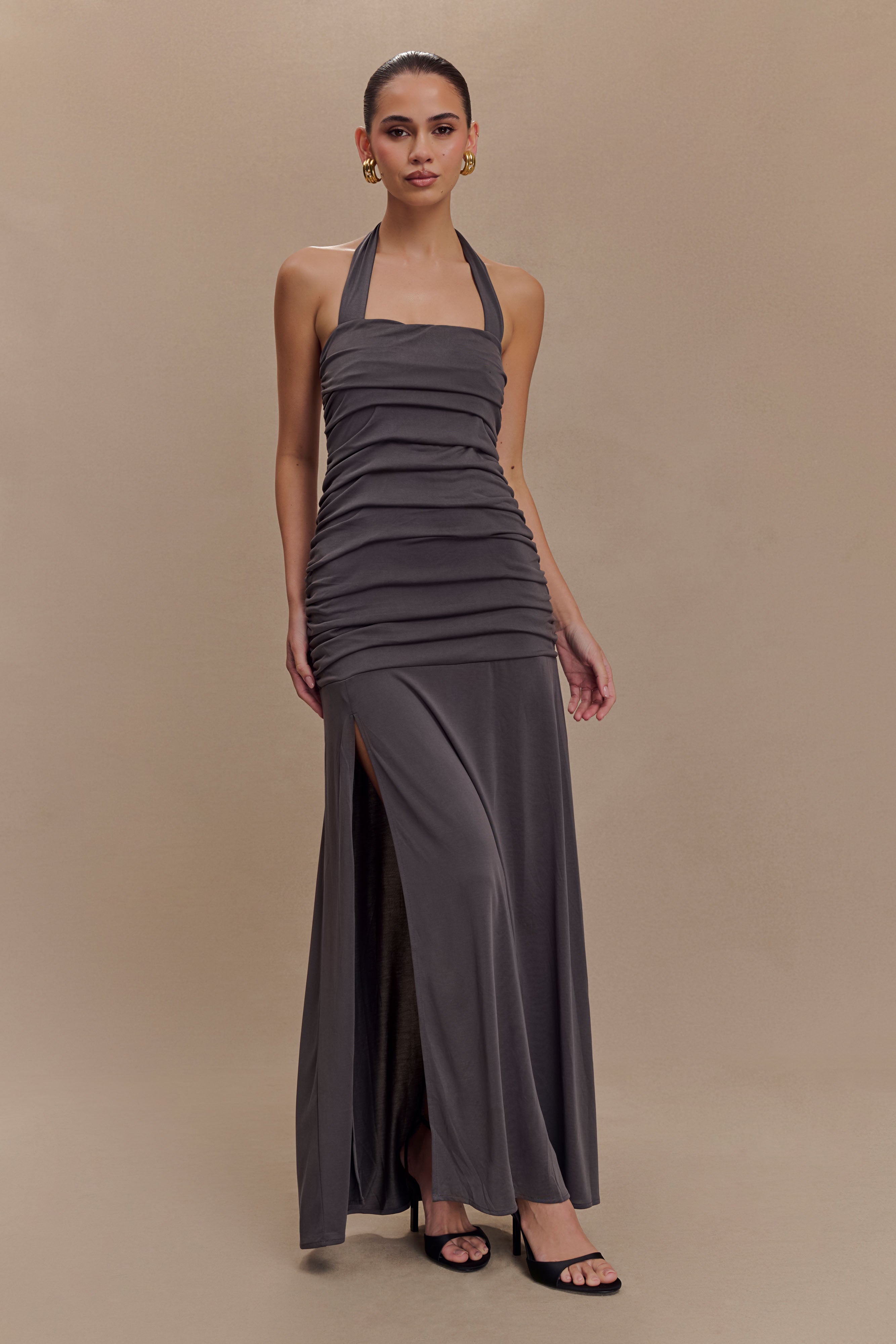 Bentley Peached Jersey Halter Maxi Dress - Charcoal、mySite、solidvoid