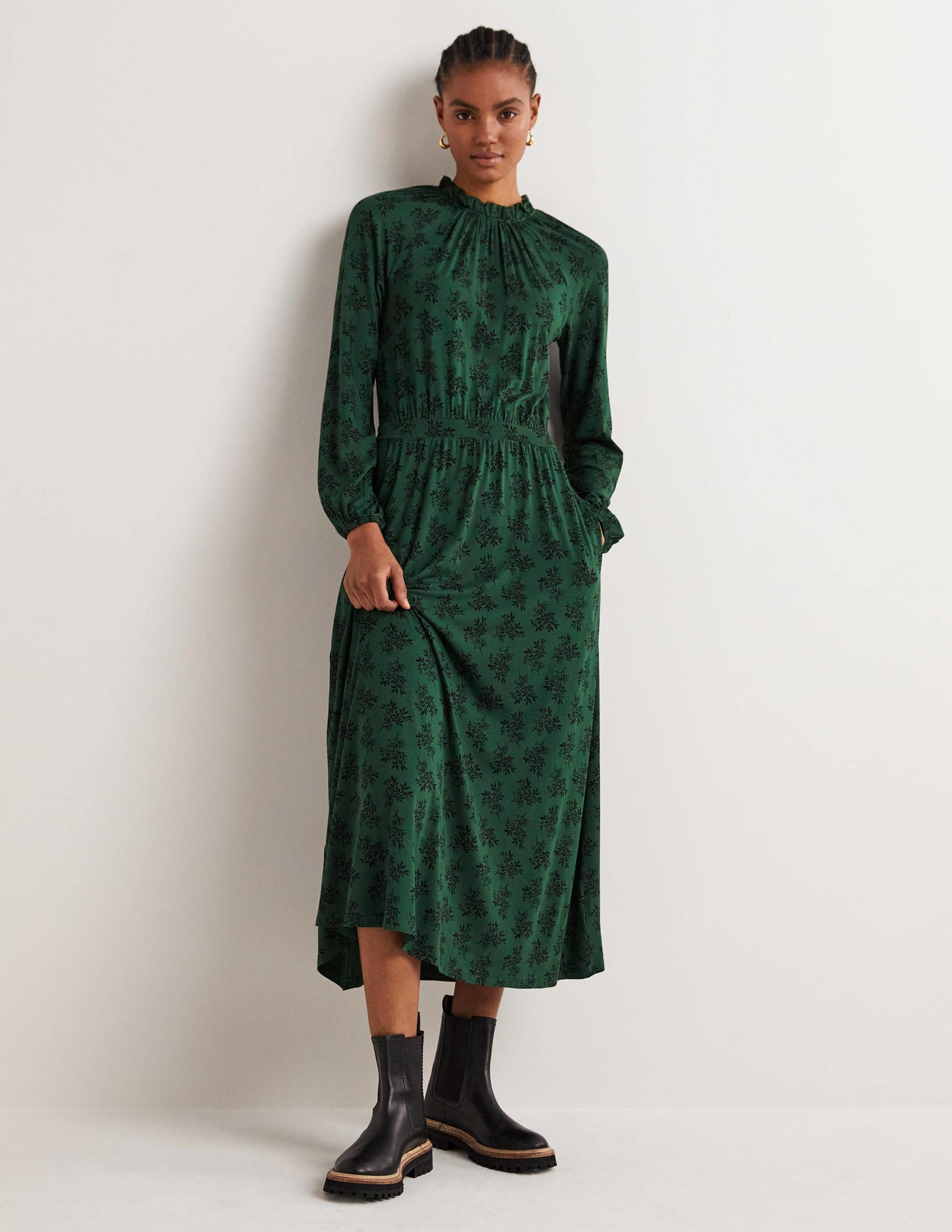  Ruffle Neck Jersey Midi Dress-Hunter Green, Pretty Blossom、mySite、ashleygrahame