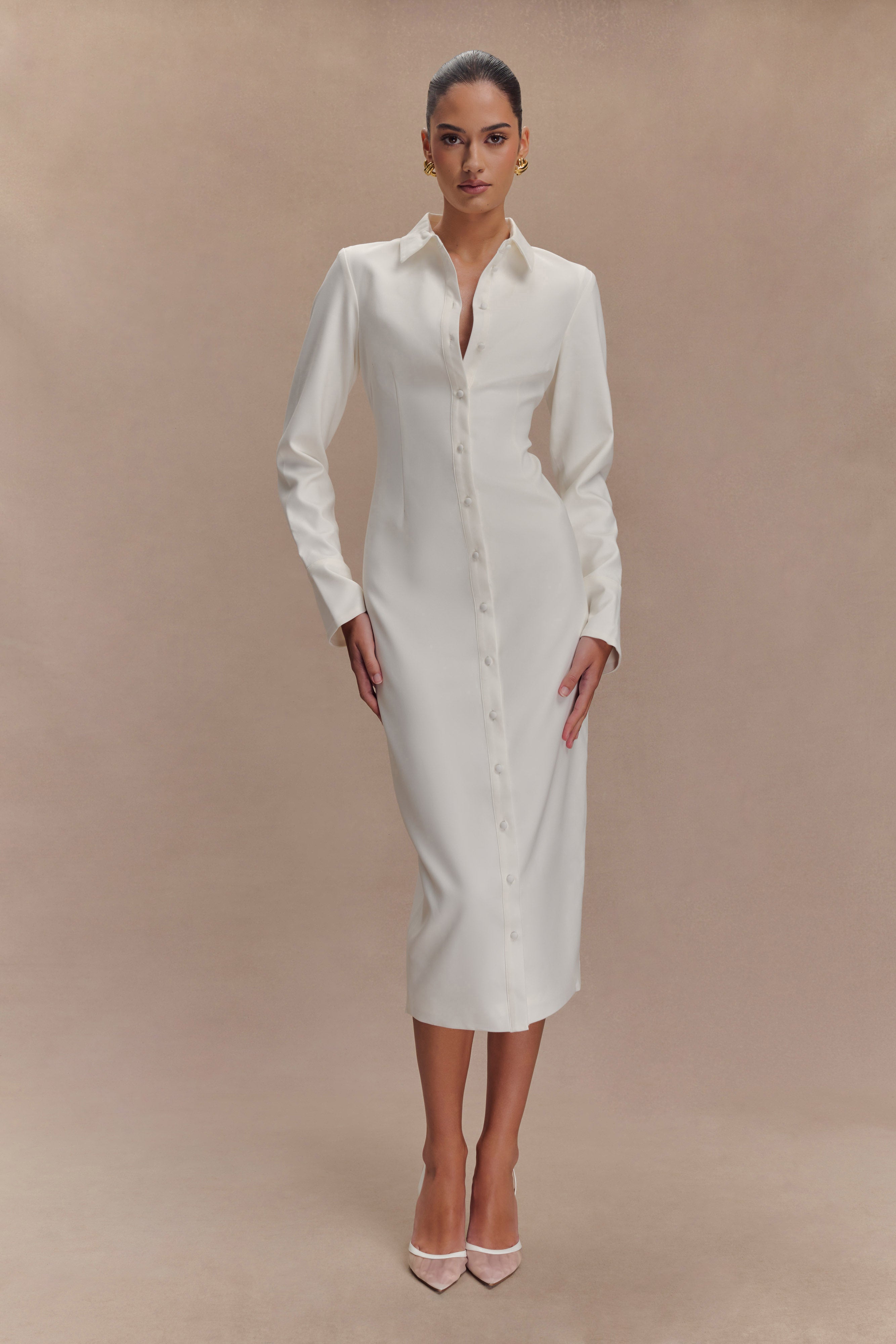Dorian Fitted Shirt Midi Dress - White、mySite、solidvoid