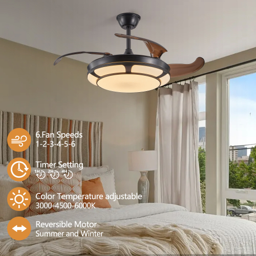 42" Retractable Ceiling Fan with Light, Modern LED Chandelier Fan with Remote Control, 6 Speed Adjustable Blades, Quiet DC Motor, Dimmable Lighting for Living Room, Bedroom, Dining Room、、eastwooduniform