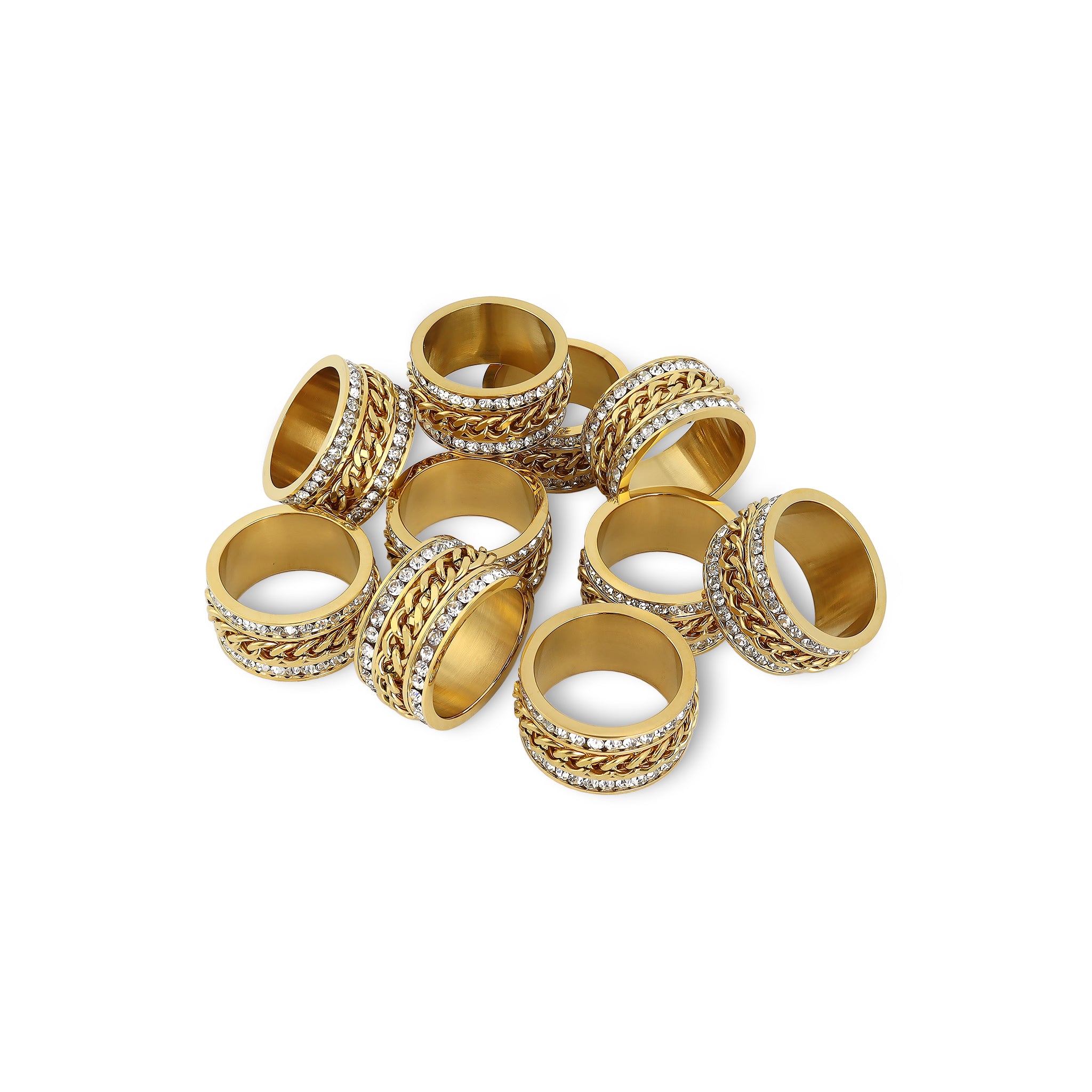 10 Pack - CZ Eternity With 18K Gold Center Chain Spinner Stainless Steel Ring / ZRJ9012、mySite、dreamappss
