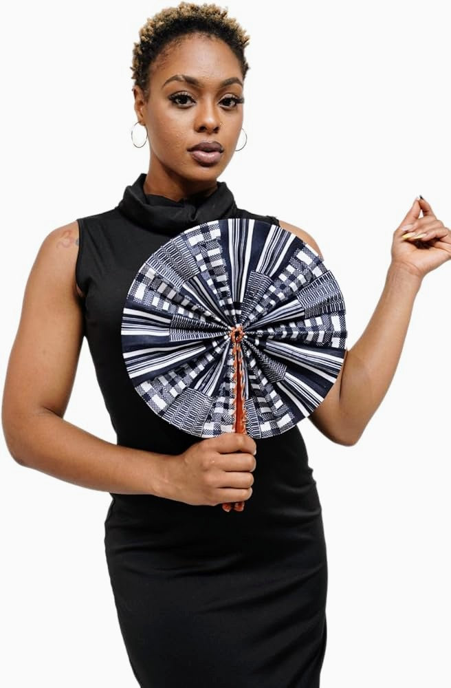Dupsie's Koumadi Foldable Black and White African Print Ankara Kente Fan DPPFB0795、mySite、solidvoid