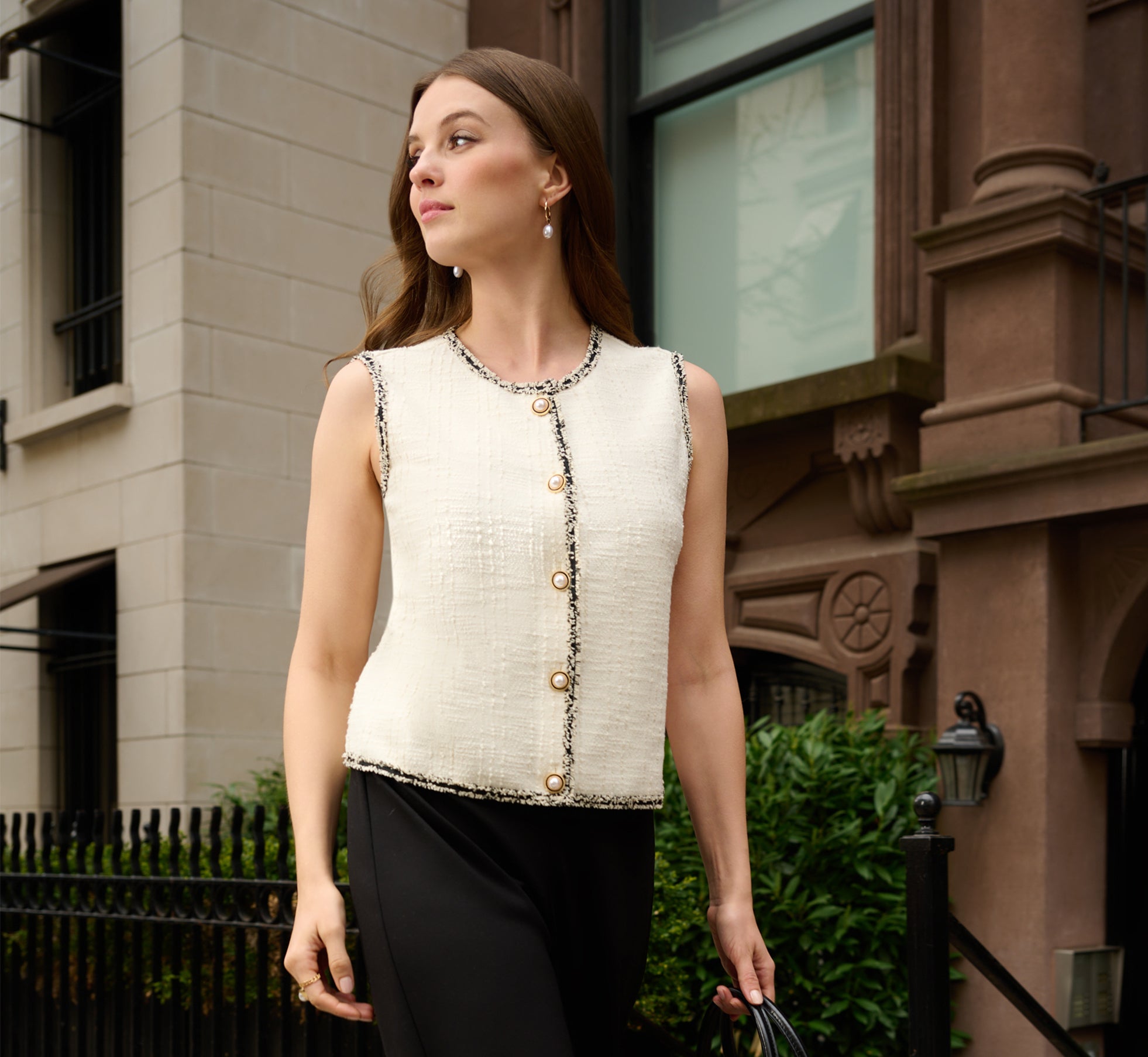 Fray Trim Tweed Vest Cardigan In Ivory、mySite、solidvoid