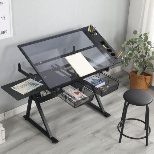 black adjustable tempered glass drafting printing table with chair、、casual