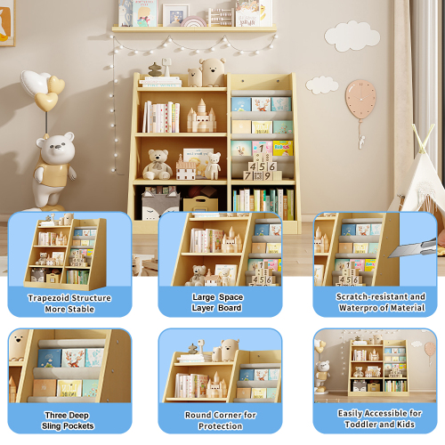 Wooden Toy Storage Organizer Cabinet Natural/ Wood Kids Bookshelf Children Bookcase Toddler Baby Sling Book Rack Shelf for Playroom Bedroom Nursery Hallway School Kindergarten Living room、、casual