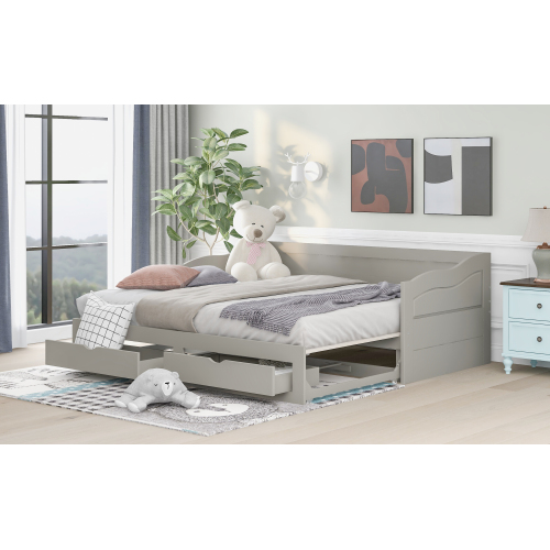 Wooden Daybed with Trundle Bed and Two Storage Drawers , Extendable Bed Daybed,Sofa Bed for Bedroom Living Room,White、、casual