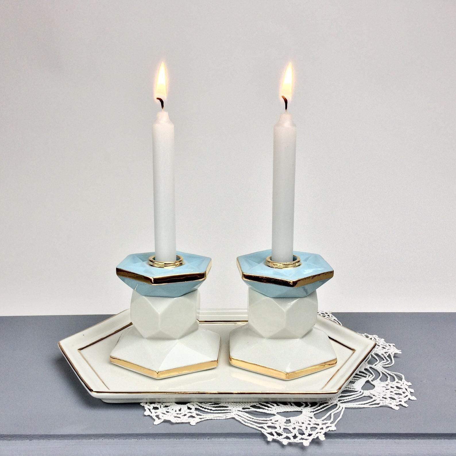 Turquoise and White Porcelain Shabbat Candlesticks、mySite、topwebapps
