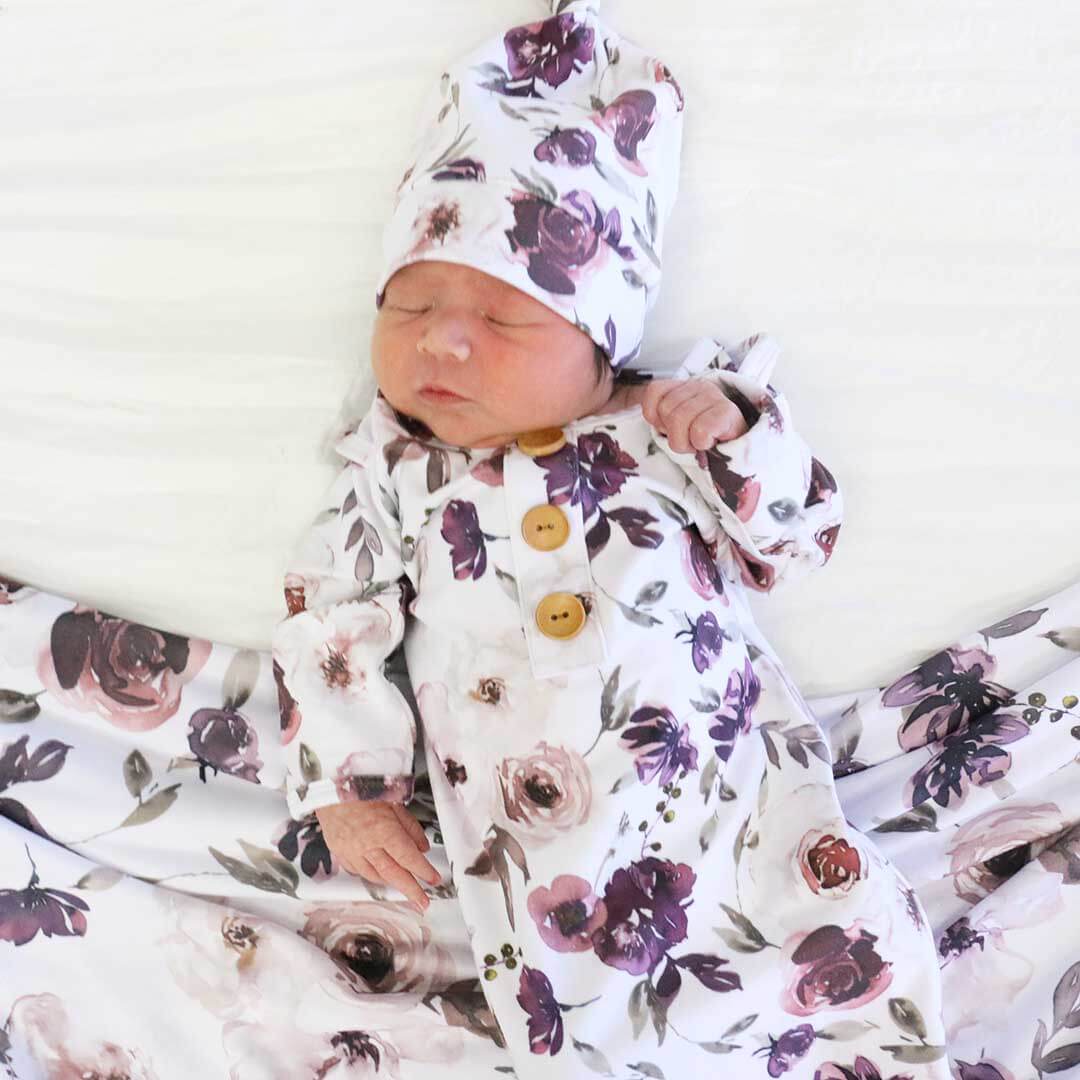  Demi's Dusty Purple Floral Newborn Baby Knot Gown & Hat Set、mySite、layawaytickets