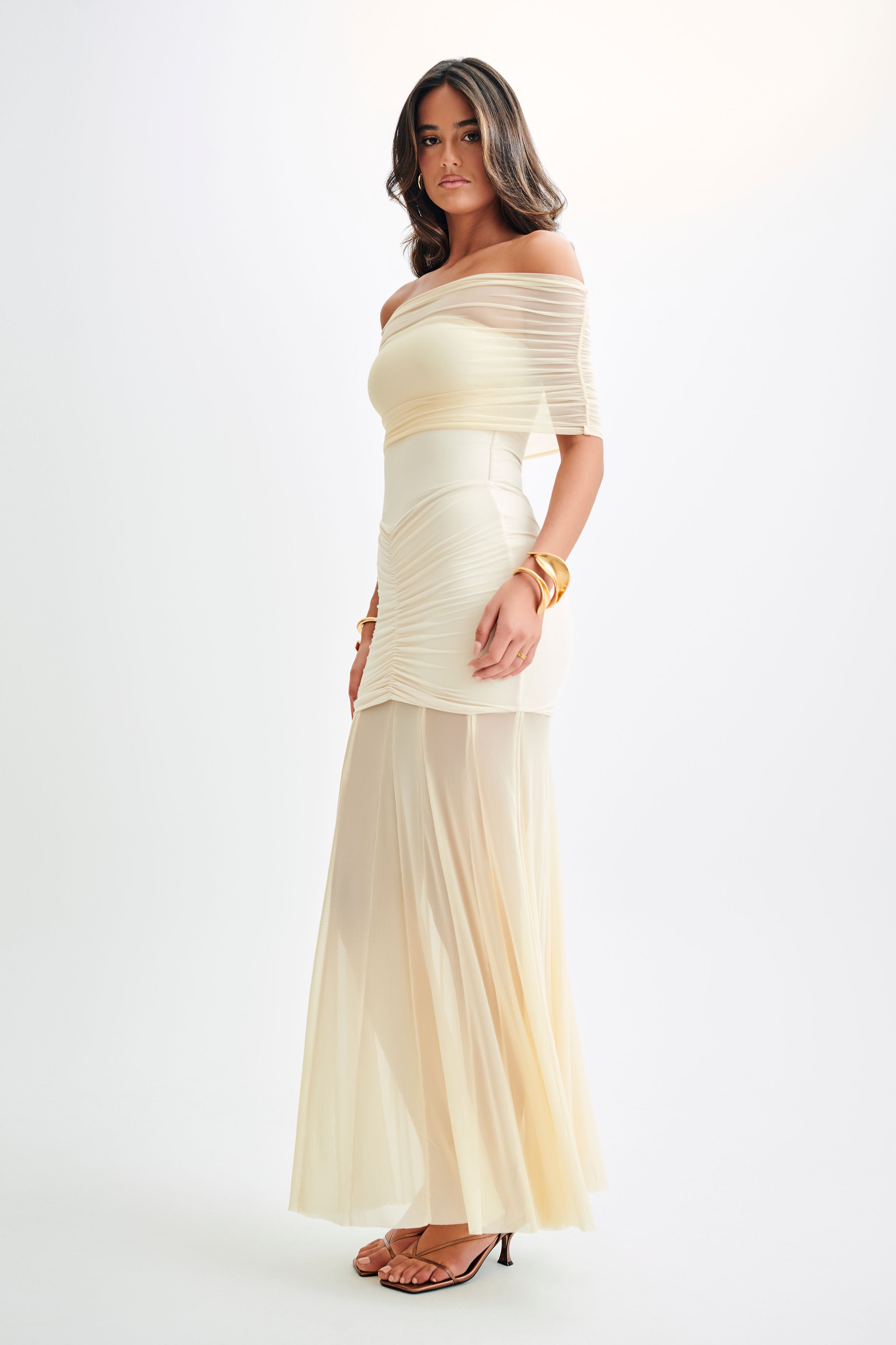 Caspian Slinky And Mesh Off Shoulder Maxi Dress - Ivory、mySite、solidvoid