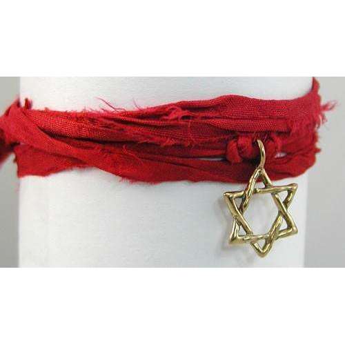 Amery Carriere Red Sari Wrap Bracelet with Brass Star of David Charm、mySite、topwebapps