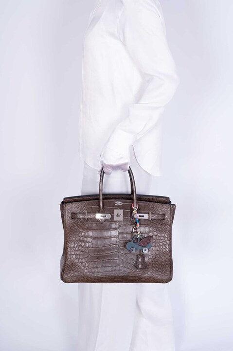 Hermès petit h Winged Car Charm Vert Amande Tog and Chocolate Alligator Mother of Pearl Buttons、mySite、garminoutage.com