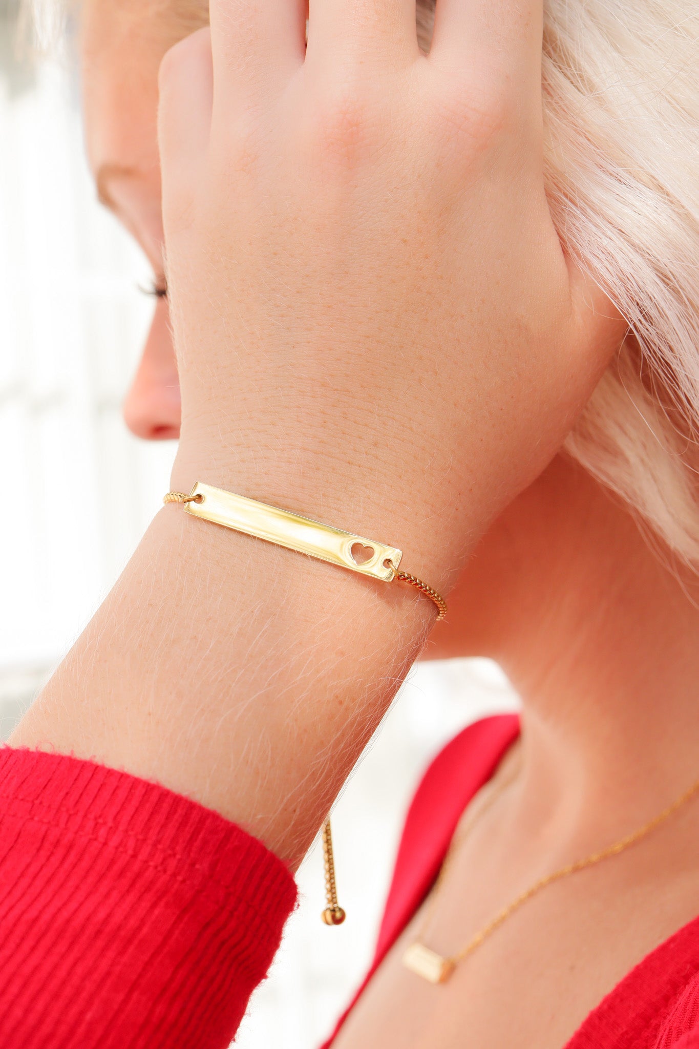 18K Gold PVD Stainless Steel Flat Adjustable Heart Cutout Blank Bar Bracelet / SBB0322、mySite、dreamappss