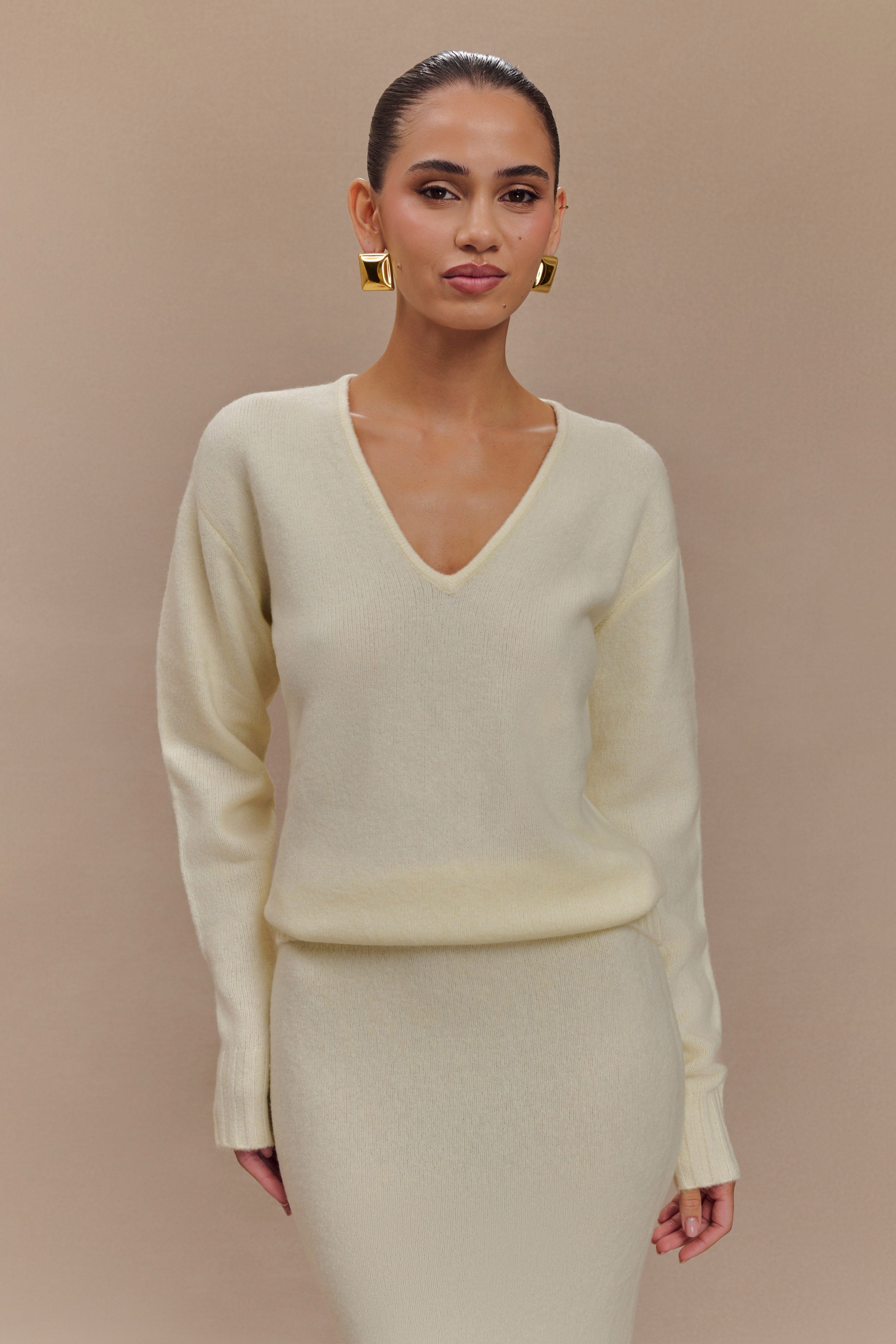 Ella V Neck Knit Jumper With Scarf - Ivory Marle、mySite、solidvoid
