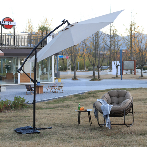 10ft Solar LED Offset Hanging Market Patio Umbrella ( khaki )(No Base)、、eastwooduniform