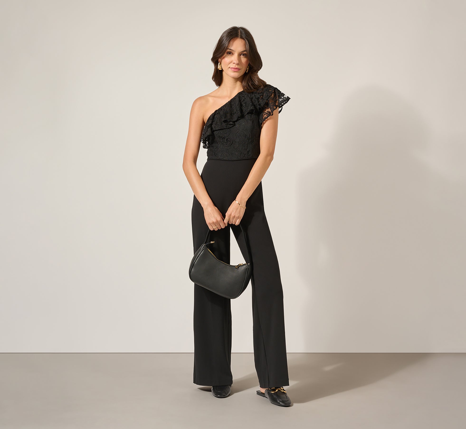 One Shoulder Crepe Jumpsuit With Lace Ruffle Details In Black、mySite、solidvoid
