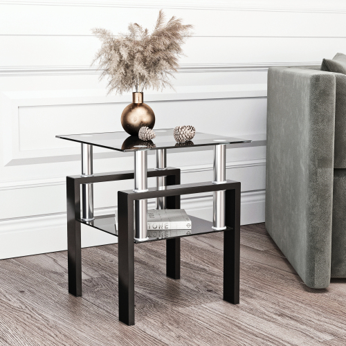 Set of 2, Modern Tempered Glass Tea Table Coffee Table End Table, Square Table for Living Room, Black、、casual