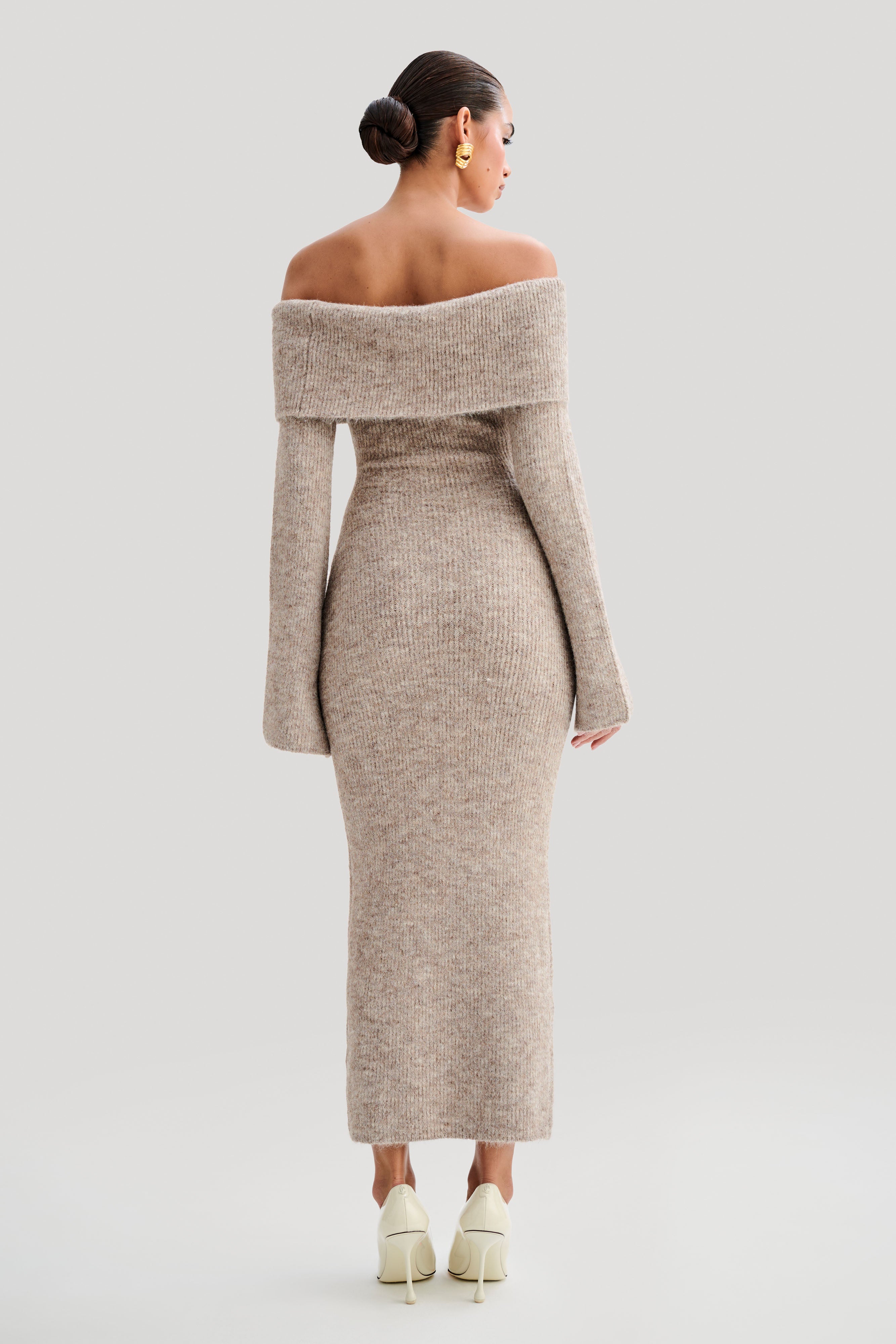 Baxter Off Shoulder Fluffy Knit Midi Dress - Taupe Marle、mySite、solidvoid