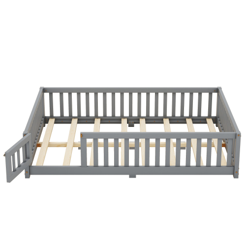 Twin Size Bed Floor Bed with Safety Guardrails and Door for Kids, Natural(Old SKU: W158090686)、、casual