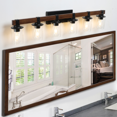 (Same as W1340119957/L1016) 27" Rustic 4-Light Vanity Light, Industrial Bathroom Wall Sconce with Glass Shades and Wood Accent, Modern Farmhouse Lighting Fixture (No Bulbs)、、eastwooduniform