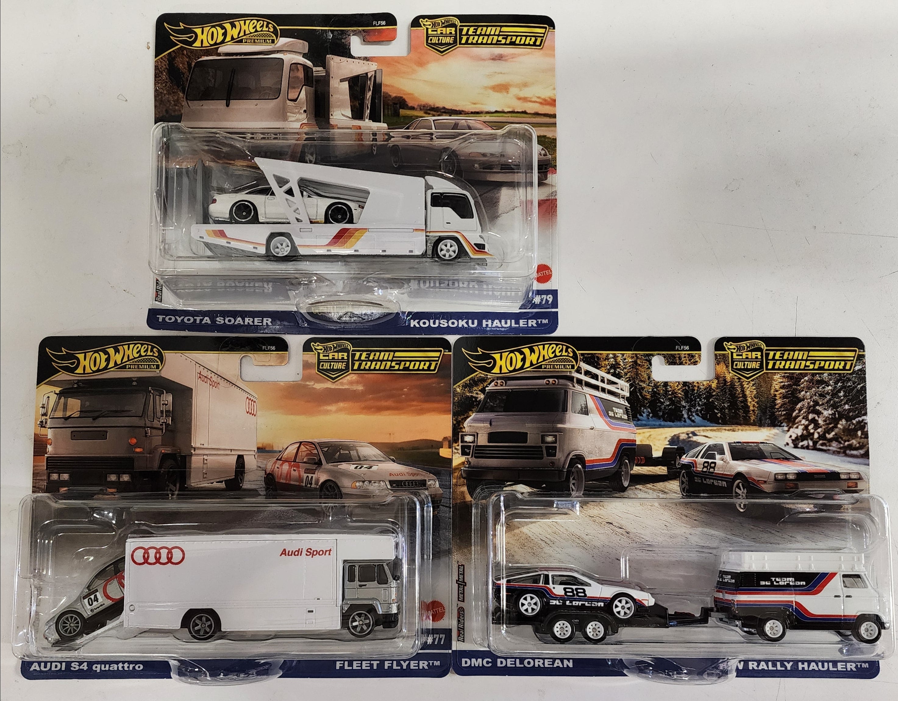 NEW! Complete 3 Car Set Case F * 2025 Hot Wheels Team Transport Soarer, DMC, Audi、mySite、hgirdovlk