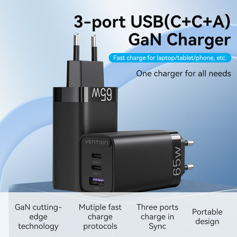 Vention 3-Port USB(C+C+A) GaN Charger(65W/30W/30W) EU-Plug、mySite、fannypackpong
