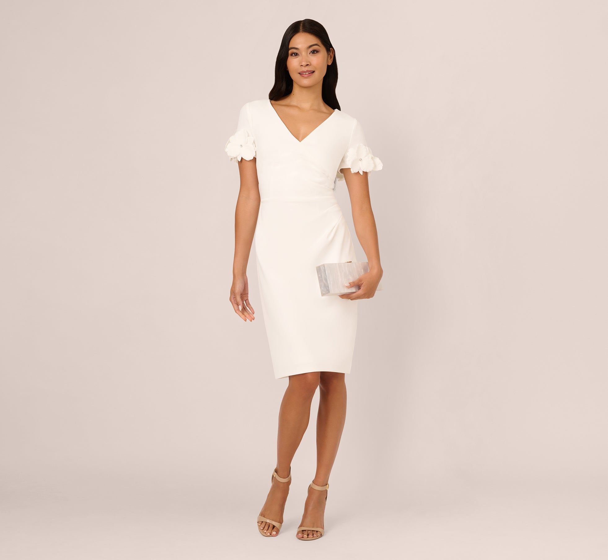 Crepe Faux Wrap Sheath Dress With Floral Accent Short Sleeves In Ivory、mySite、solidvoid