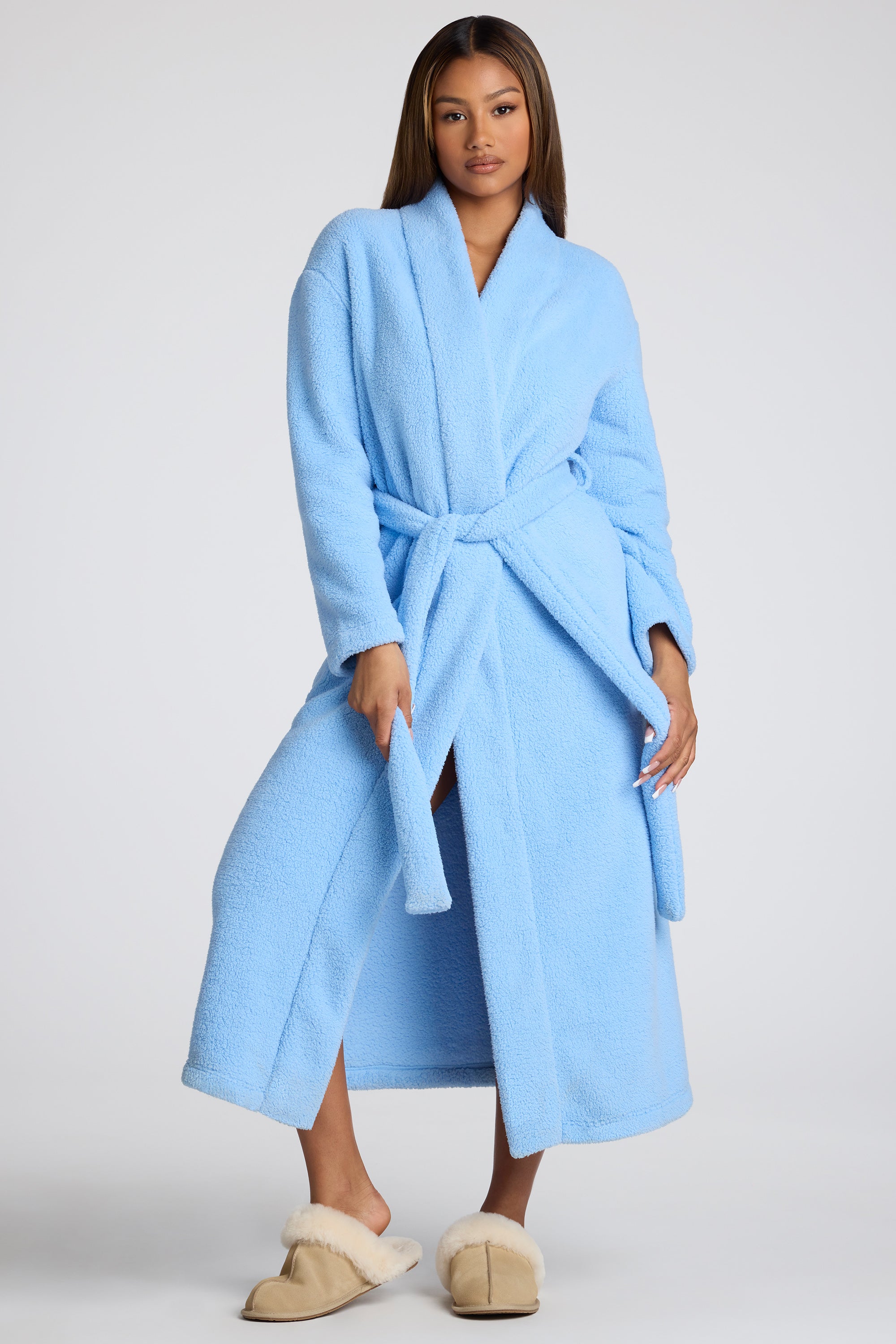 Tie Front Fleece Robe in Baby Blue、mySite、solidvoid