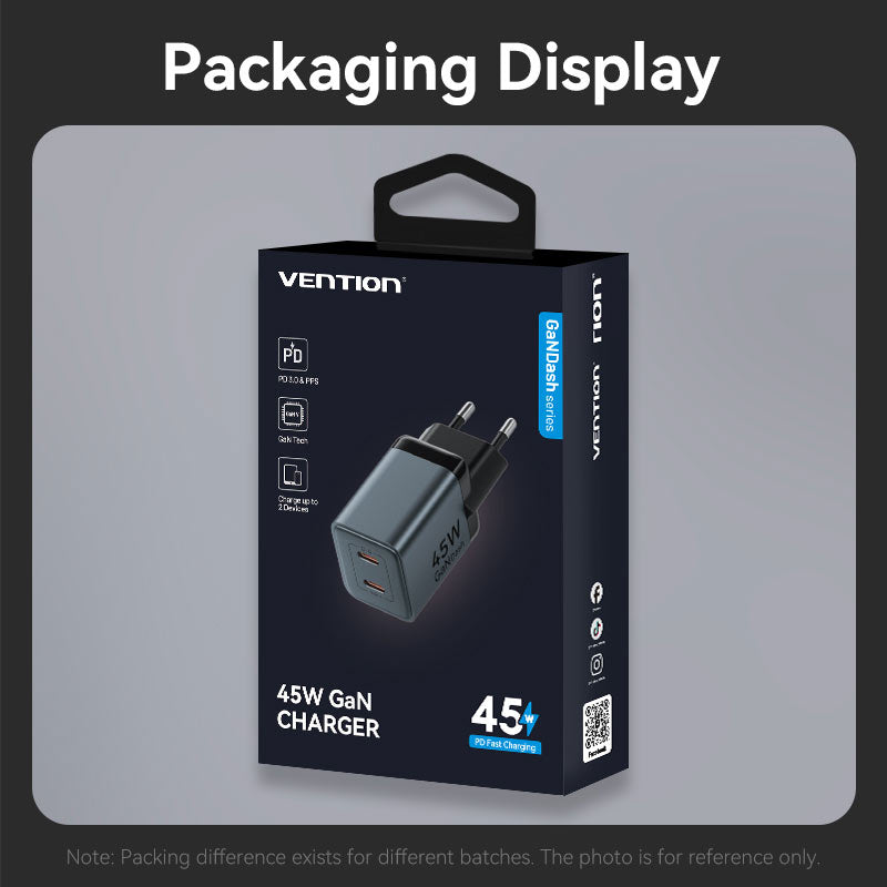 Vention 2-Port USB (C + C) GaN Charger (45W/45W) EU-Plug Gray、mySite、fannypackpong