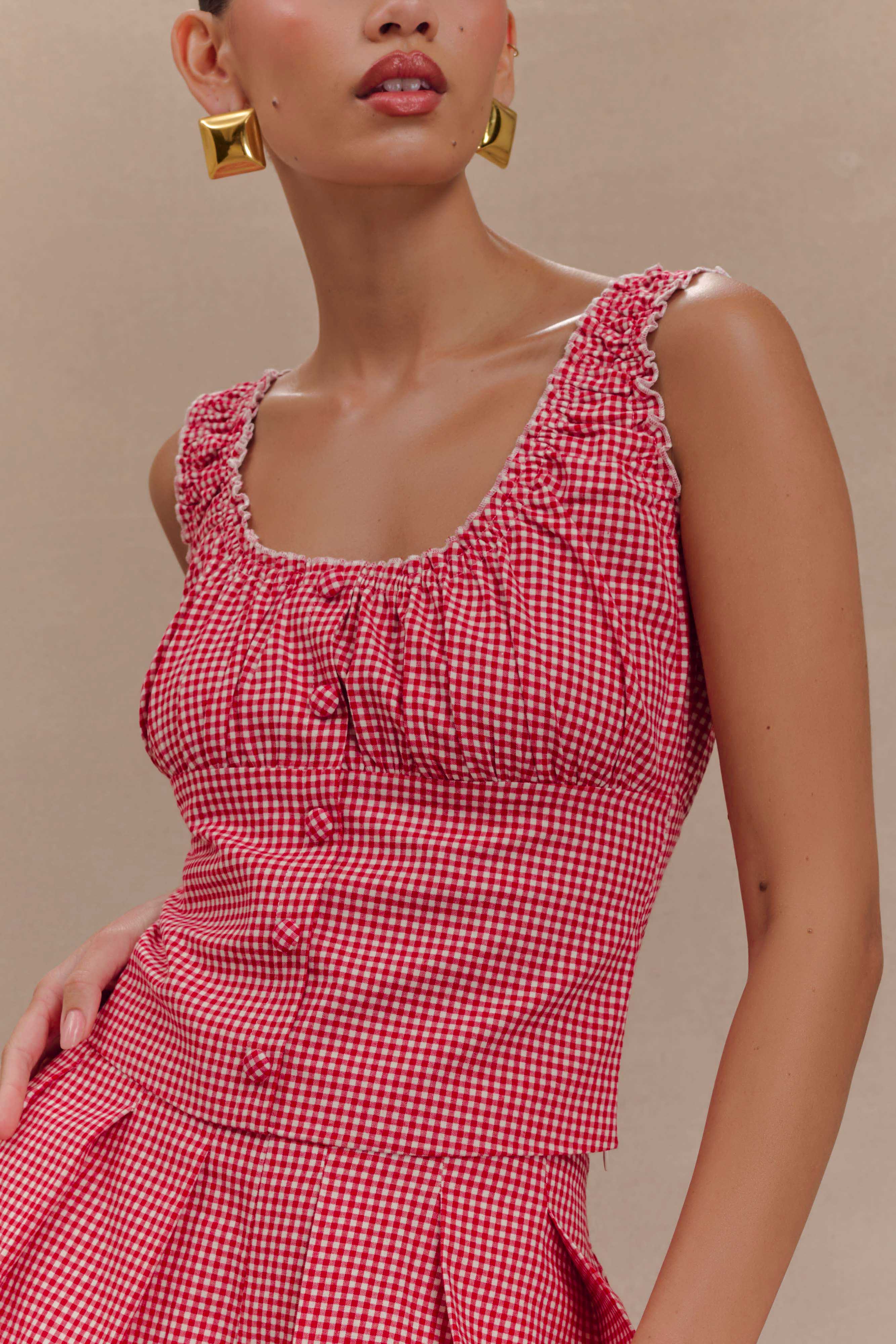 Ines Sleeveless Ruched Top - Red Gingham、mySite、solidvoid