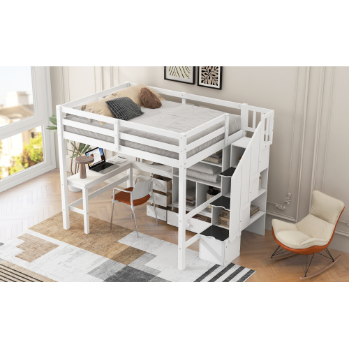 Twin Size Loft Bed with L-Shaped Desk and Drawers, Cabinet and Storage Staircase, White、、casual