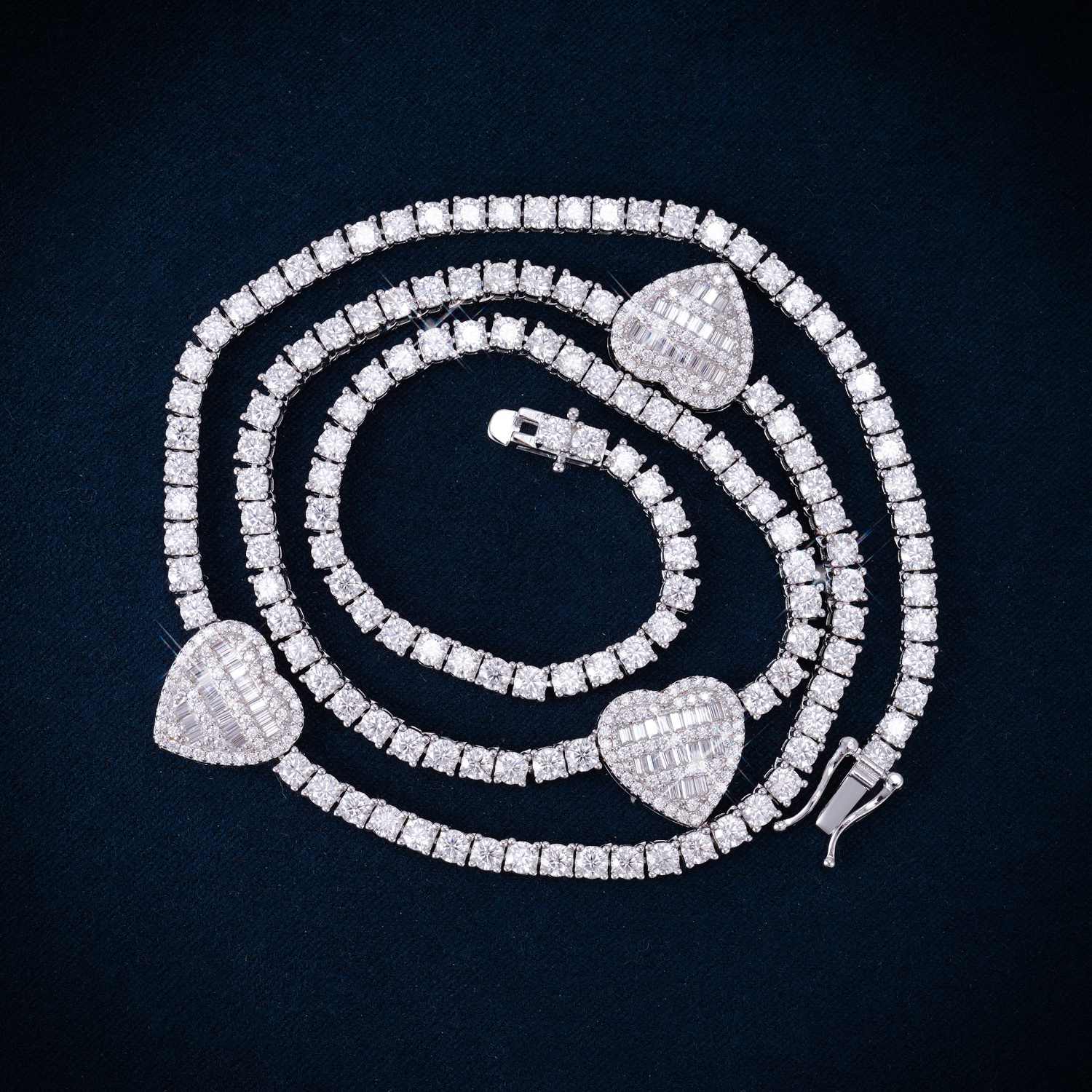 3MM Moissanite Triple Heart Tennis Necklace 14K Gold、mySite、hinf8tx79