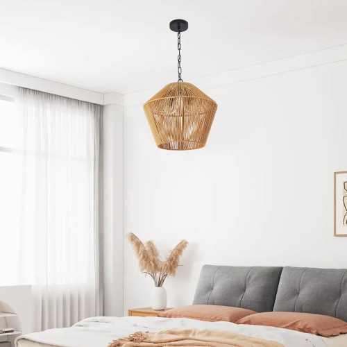 17" Boho Hemp Rope Pendant Light, Handcrafted Farmhouse Hanging Light Fixture for Kitchen Island, Dining Room, or Bedroom, Natural Finish, Adjustable Height (Bulb Not Included)、、eastwooduniform