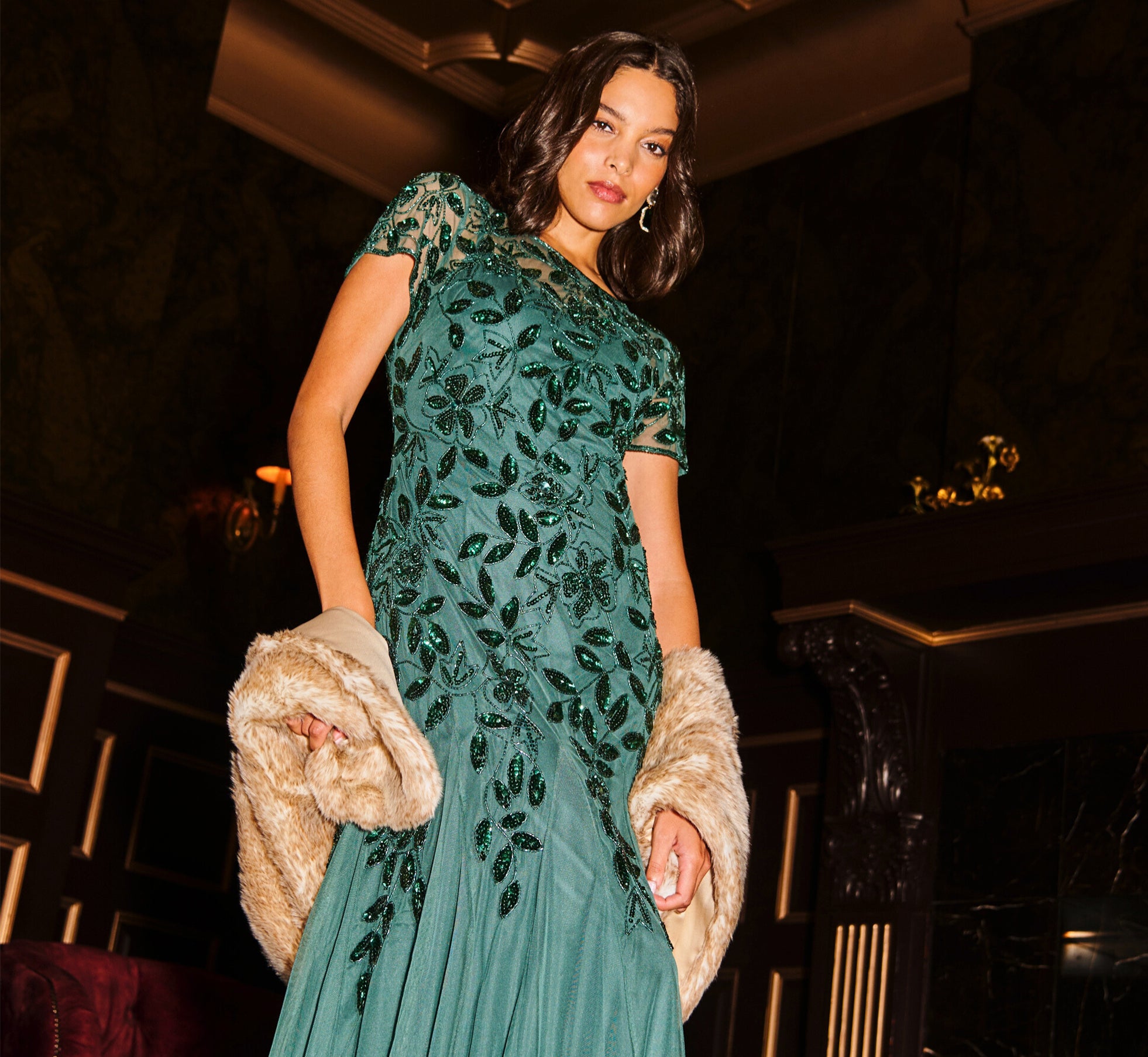 Hand Beaded Short Sleeve Floral Godet Gown In Dusty Emerald、mySite、solidvoid