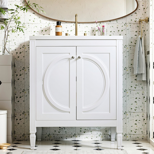 30" No Assembly Needed Vintage White Bathroom Vanity with Ceramic Sink,Two Soft-Close Doors & Adjustable Shelf,Modern Farmhouse Style、、xpatfood