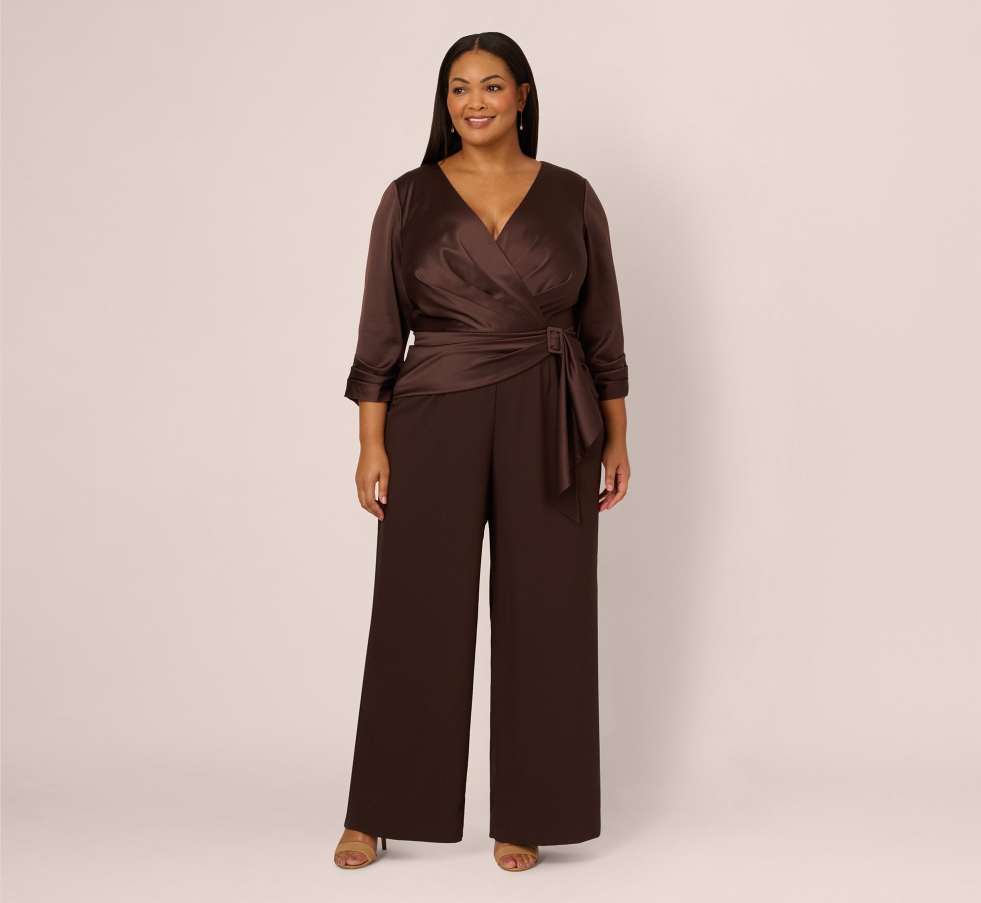Plus Size Satin Crepe Three Quarter Sleeve Jumpsuit With Buckle Waist In Dark Brown、mySite、solidvoid