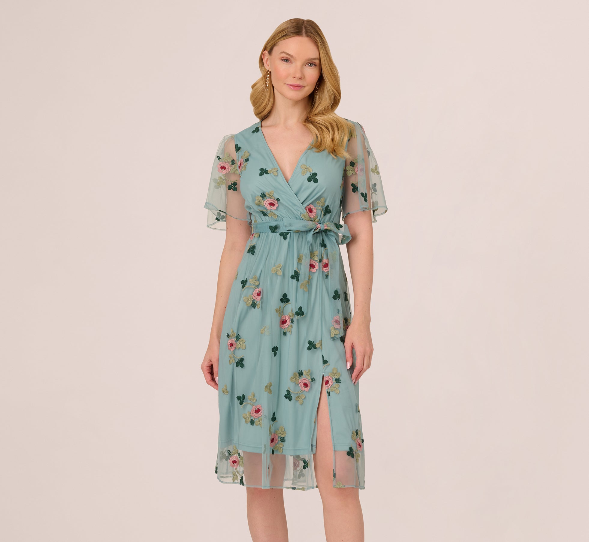 Flutter Sleeve Surplice Embroidered Midi Dress In Slate Multi、mySite、solidvoid