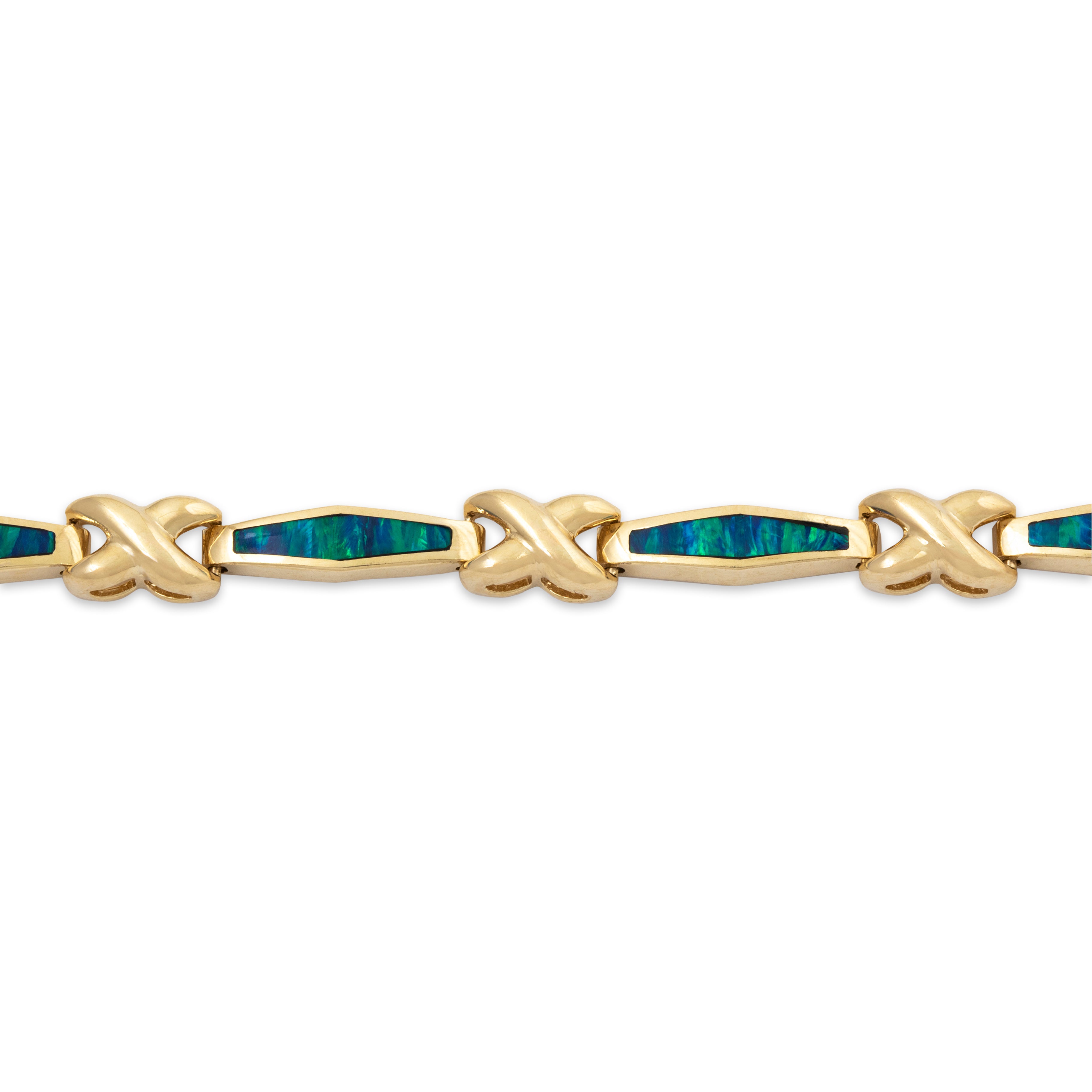 Vintage 14k Yellow Gold Blue Simulation Opal Criss-Cross Link Bracelet 7、mySite、hinf8tx79