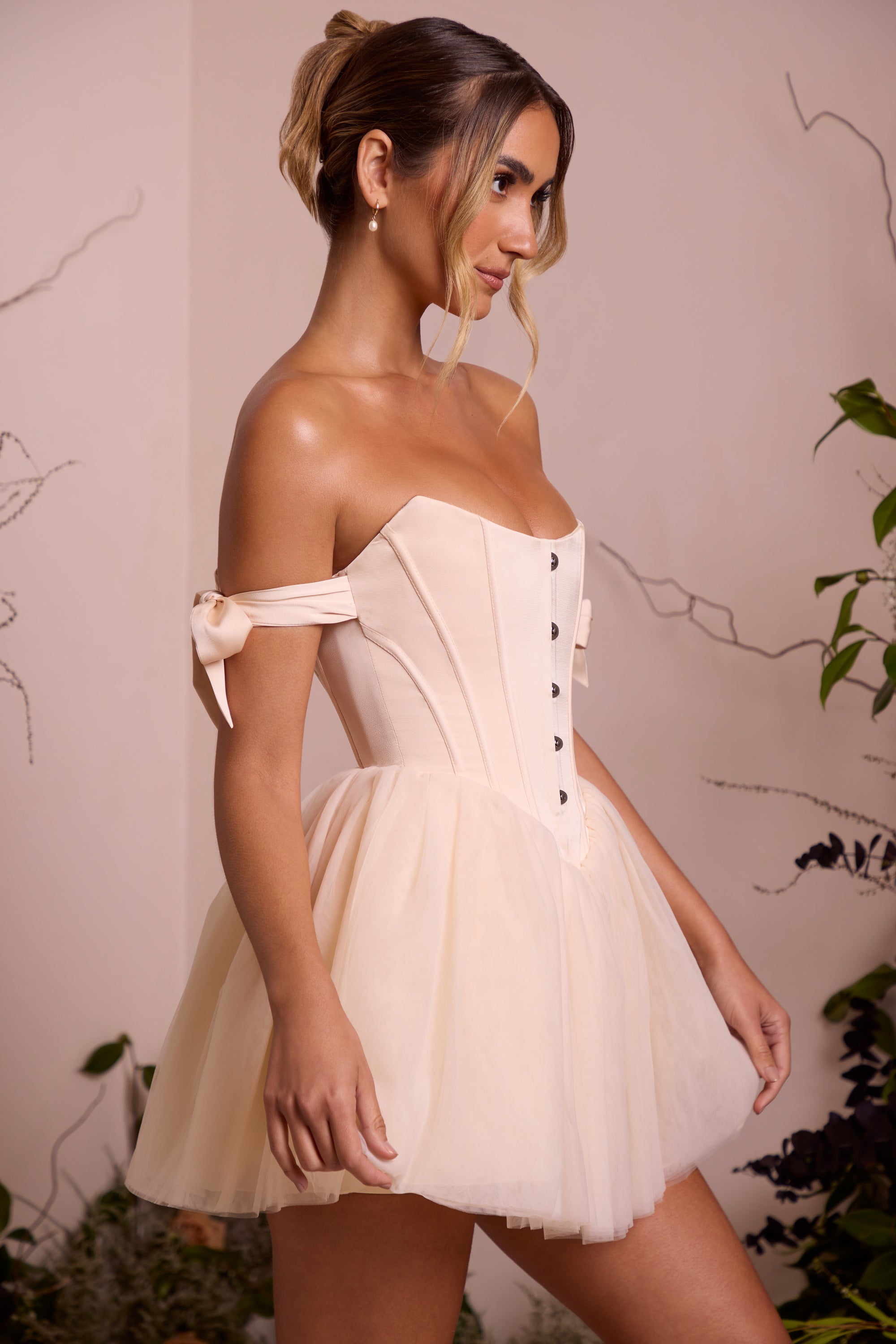 Off Shoulder Tulle Skirt Mini Dress in Ivory、mySite、solidvoid