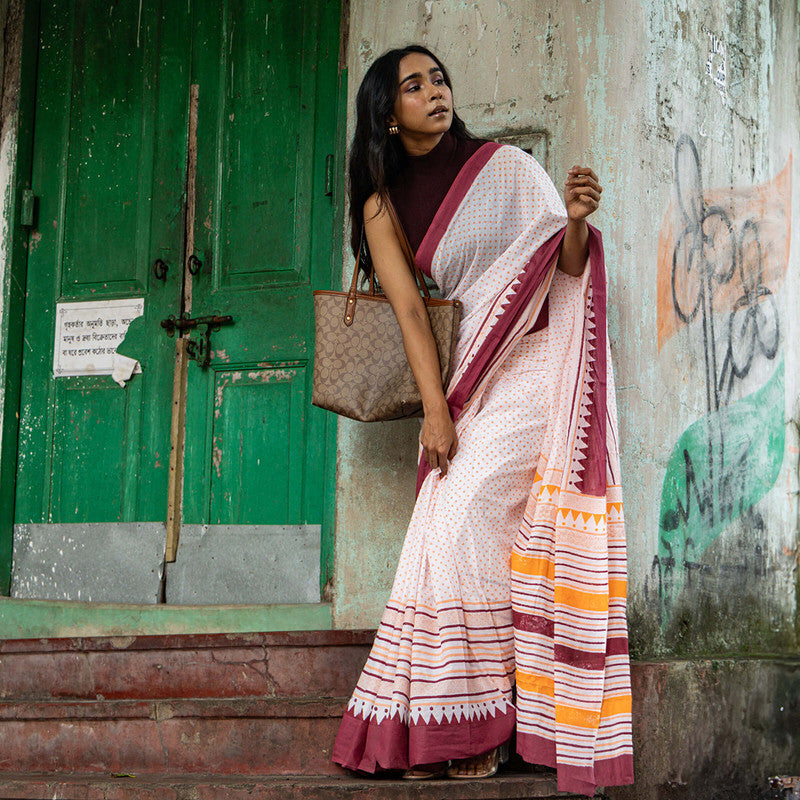 Cotton Saree | Hand Block Print | White & Pink、mySite、camillekostekn