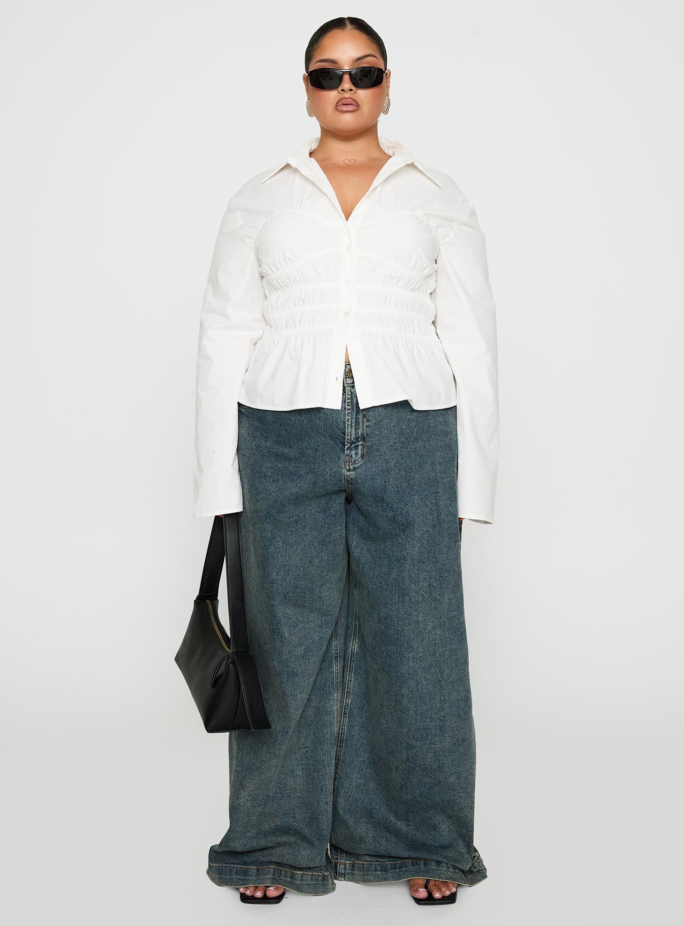 Liesel Shirred Long Sleeve Top White Curve、mySite、solidvoid