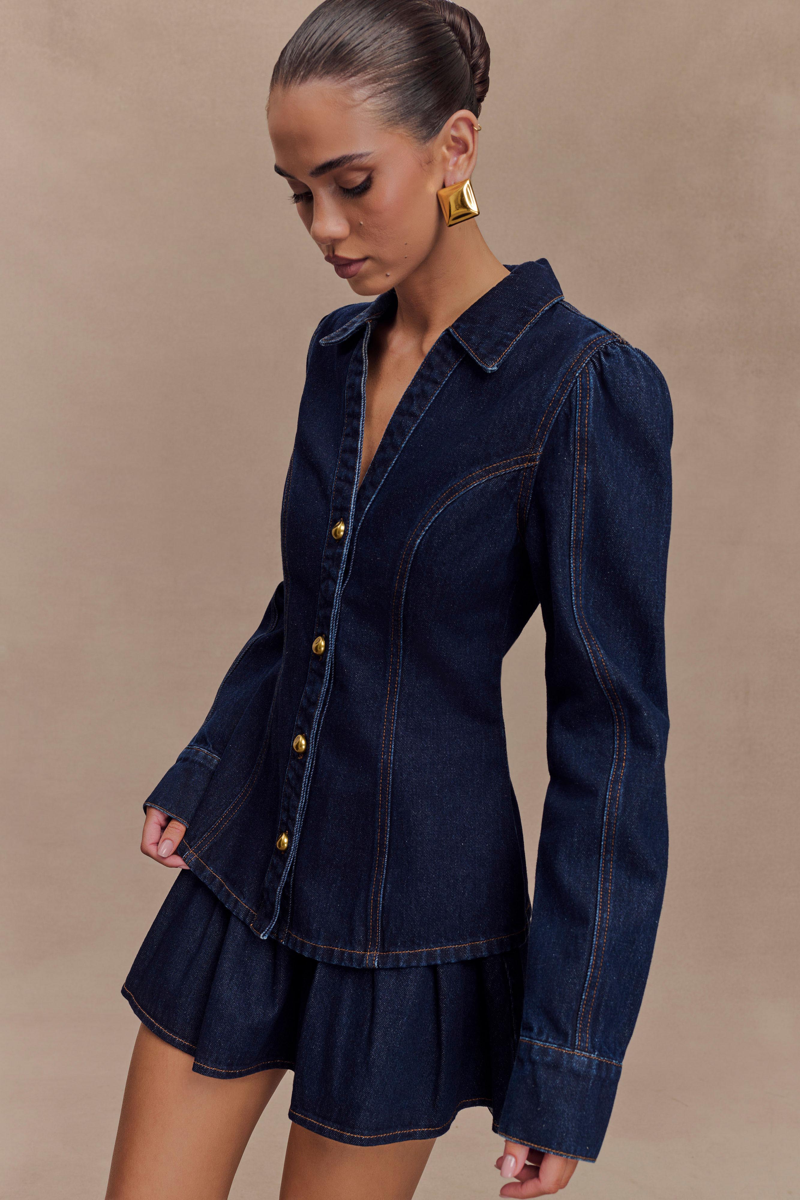 Hilary Long Sleeve Denim Top - Indigo Blue、mySite、solidvoid