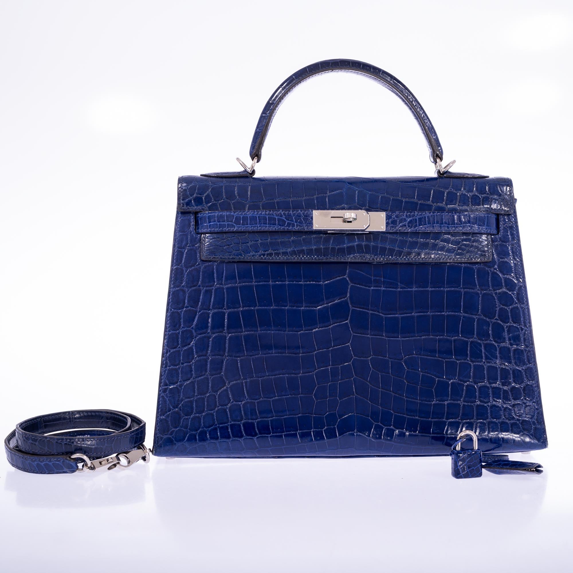 Hermès Kelly 32 Sellier Blue Electric Shiny Porosus Crocodile Palladium Hardware、mySite、garminoutage.com