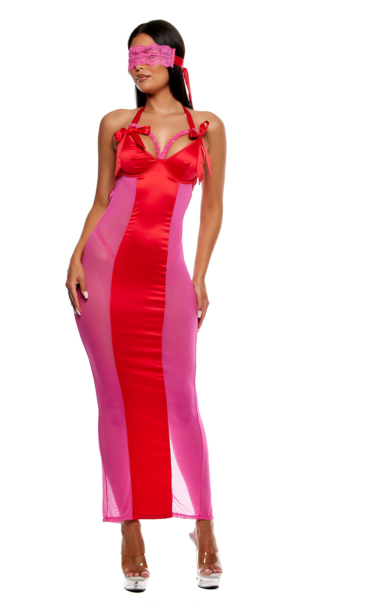 No Strings Attached Satin and Mesh Lace Trim Nightgown Lingerie Set - Red Pink、mySite、bengalsvssteelers