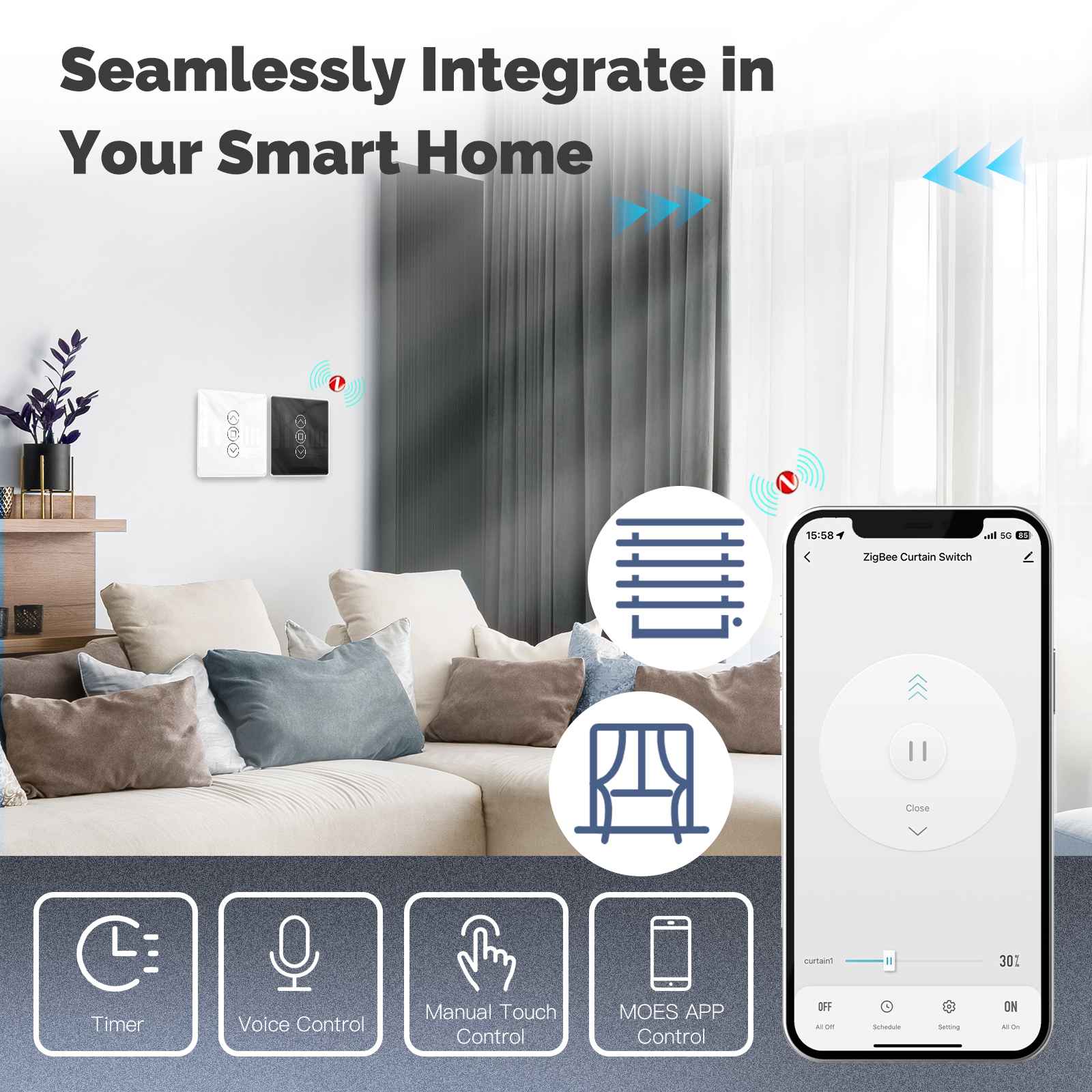 ZigBee Smart Curtain Switch 2.5D Support RF433 Arc Glass Touch Panel、mySite、fannypackpong